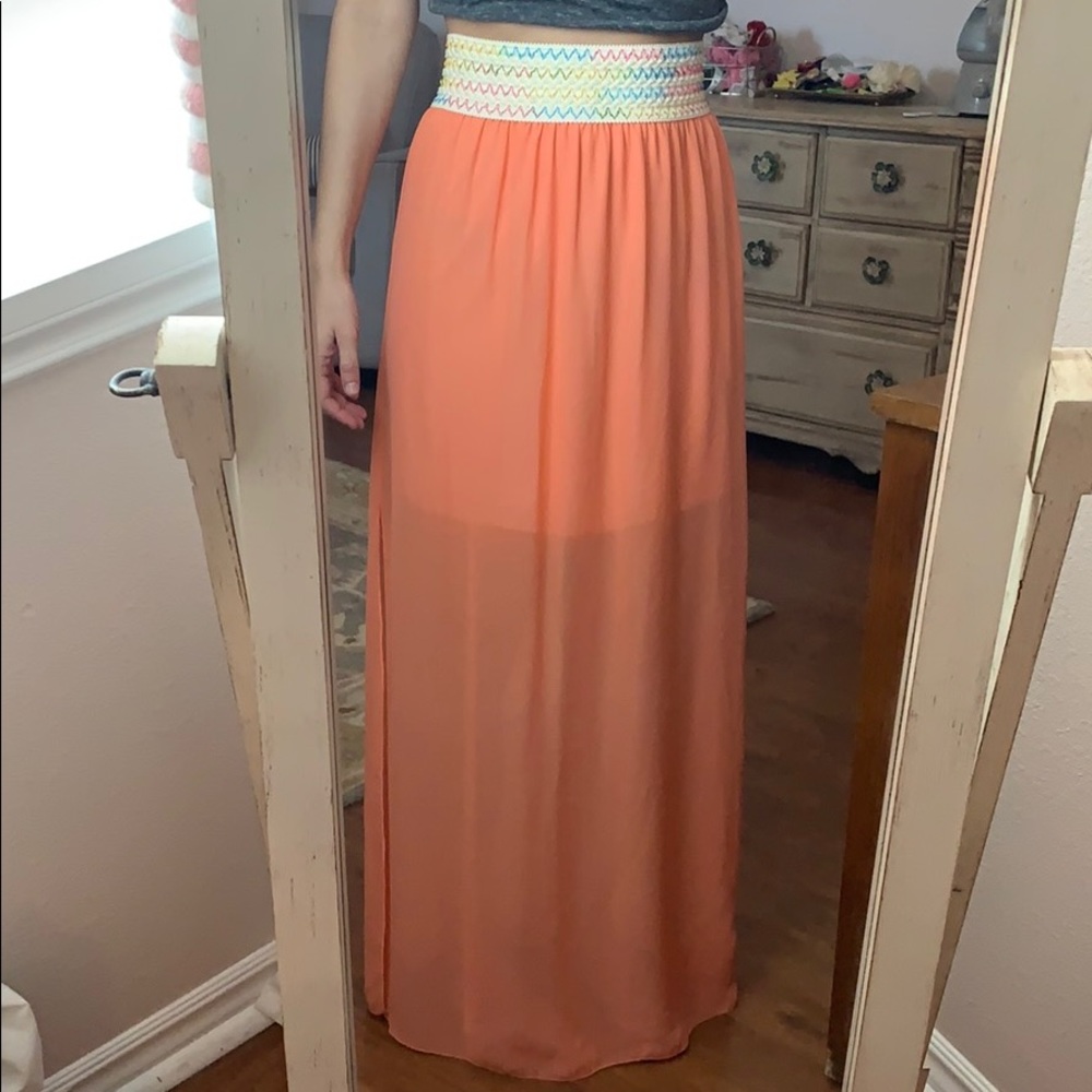 Orange/coral sheer bottom maxi skirt